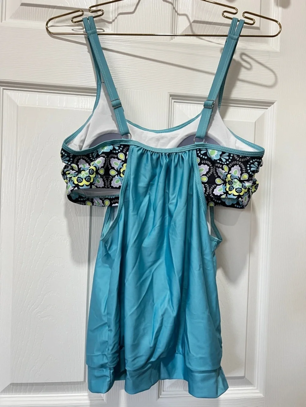 Swimsuit Tankini Top Blue Floral Built-In Bra Size Large Racer-Back Style Swim